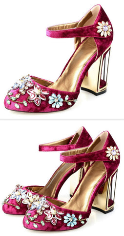Rhinestone-Embellished Caged-Hell Velvet Pumps, Wine Red