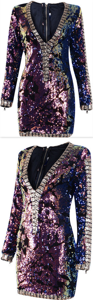 Embellished V-Neck Stretch Mini Dress