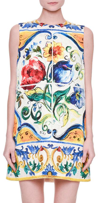'Majolica' Sleeveless Floral Print Shift Dress - DESIGNER INSPIRED FASHIONS