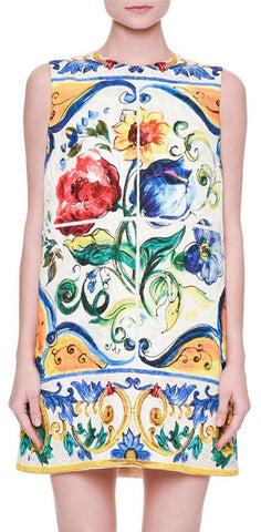 'Majolica' Sleeveless Floral Print Shift Dress - DESIGNER INSPIRED FASHIONS