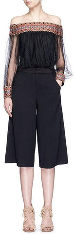 Black Embroidered Mesh Off-Shoulder Top & Black Capri Pants - DESIGNER INSPIRED FASHIONS