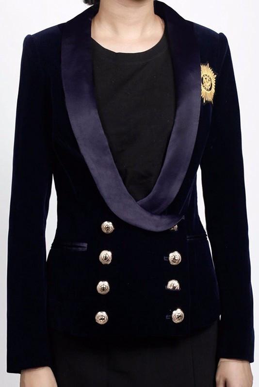 Double-Breasted Velour Badge Embroidered Blazer - DESIGNER INSPIRED FASHIONS