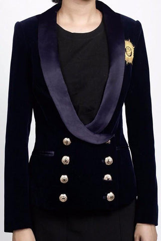 Double-Breasted Velour Badge Embroidered Blazer - DESIGNER INSPIRED FASHIONS