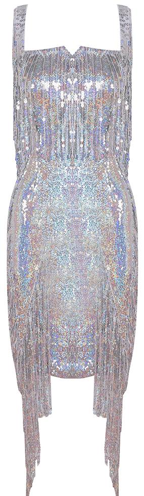 Embellished Fringed Metallic Stretch Mini Cocktail Dress