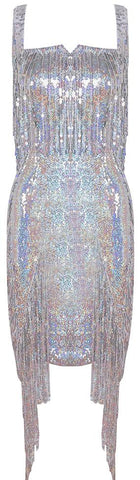 Embellished Fringed Metallic Stretch Mini Cocktail Dress