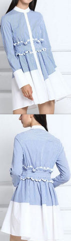 Ruffled-Waist Stripe Shirt Dress