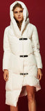 Asymmetric Buckled Hooded Puffer Down Coat in White - DESIGNER INSPIRED FASHIONS