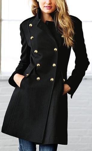 Black Back Lace-up Double Breasted Wool Coat - DESIGNER INSPIRED FASHIONS