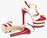 Studded Striped-Leather Platform Pump-Red - DESIGNER INSPIRED FASHIONS