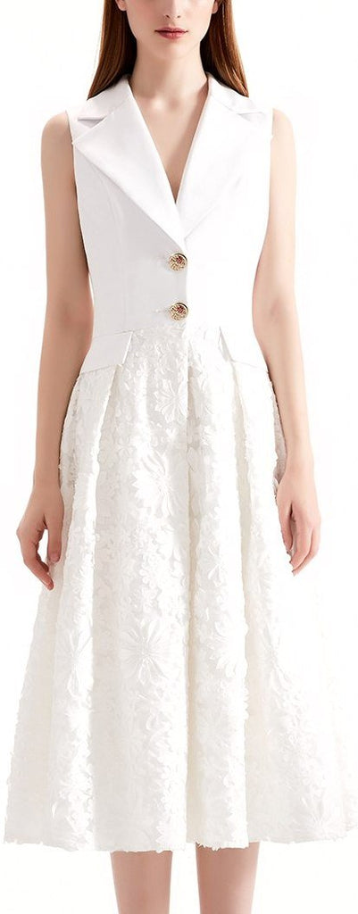 Floral-Embroidered White A-Line Vest-Dress