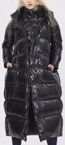 Black Glossy Paneled Puffer Down Coat - DESIGNER INSPIRED FASHIONS