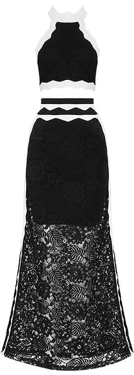 Cropped Scalloped Halter Bandage Top and Long Lace Skirt