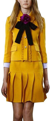 Ruffled Trim Half-Sleeve Jacket & Pleated Skirt Set in Yellow or Pink - DESIGNER INSPIRED FASHIONS