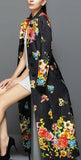 Full-Length Floral Print Jacquard Coat in Black - DESIGNER INSPIRED FASHIONS
