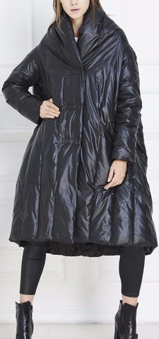 Black Paneled Long Boxy Puffer Down Coat - DESIGNER INSPIRED FASHIONS