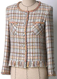Multi Colored Braided-Trim Fringed Tweed Jacket