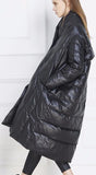 Black Paneled Long Boxy Puffer Down Coat - DESIGNER INSPIRED FASHIONS