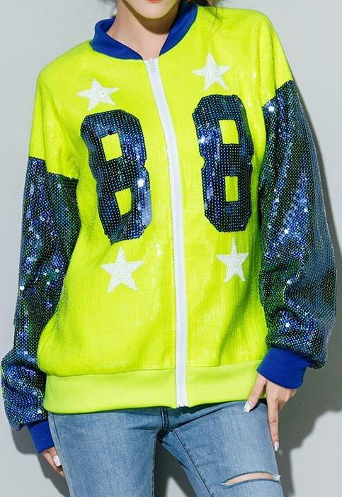 Sequin Embellished Bomber Jacket, Lime Yellow - DESIGNER INSPIRED FASHIONS