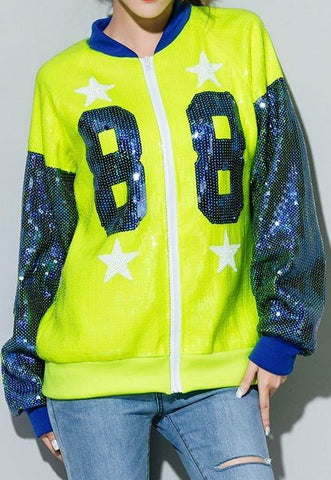 Sequin Embellished Bomber Jacket, Lime Yellow - DESIGNER INSPIRED FASHIONS