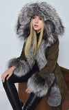 Thick Silver Fox Fur Trimmed Down Coat in Army Green or Black - DESIGNER INSPIRED FASHIONS