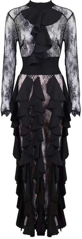 Black Ruffle Paneled Lace Maxi Dress