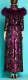 Floral Print Fur-Hooded Long Puffer Coat, Purple