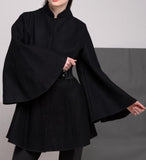 Belted Black Flared-Sleeve Cape Coat - DESIGNER INSPIRED FASHIONS