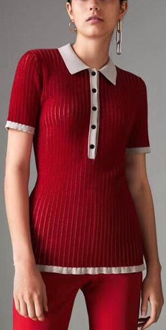 Two-Tone Knit Polo Shirt - Red or Orange | DESIGNER INSPIRED FASHIONS