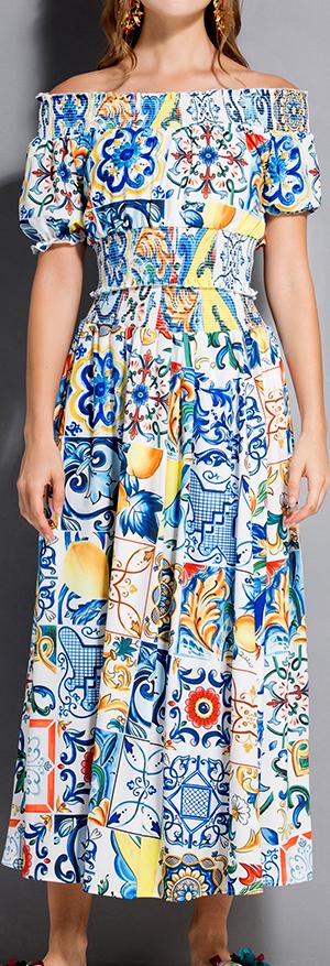 Tile Print Off-the-Shoulder Dress