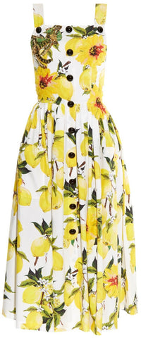 Lemon Print Embellished Poplin Dress - DESIGNER INSPIRED FASHIONS