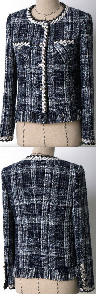 Braided-Trim Fringed Tweed Jacket