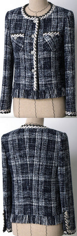 Braided-Trim Fringed Tweed Jacket