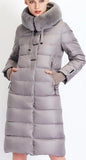 Long Puffer Coat with Rabbit Fur Hood in Grey - DESIGNER INSPIRED FASHIONS