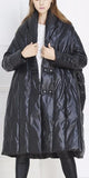 Black Paneled Long Boxy Puffer Down Coat - DESIGNER INSPIRED FASHIONS