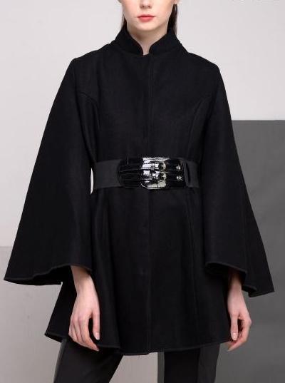 Belted Black Flared-Sleeve Cape Coat - DESIGNER INSPIRED FASHIONS