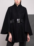 Belted Black Flared-Sleeve Cape Coat - DESIGNER INSPIRED FASHIONS