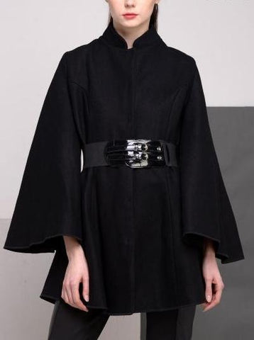 Belted Black Flared-Sleeve Cape Coat - DESIGNER INSPIRED FASHIONS