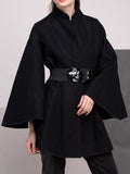 Belted Black Flared-Sleeve Cape Coat - DESIGNER INSPIRED FASHIONS