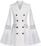 Embroidered Pleated Double-Breasted Flared Blazer, White