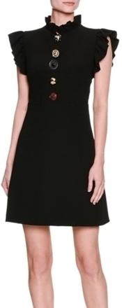 Black Jewel-button Ruffle-Trim Mini Dress