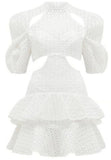 Cut-Out Puff-Sleeve Ruffle Tiered Mini Dress