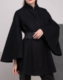 Belted Black Flared-Sleeve Cape Coat - DESIGNER INSPIRED FASHIONS