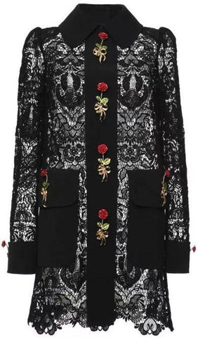 Black Lace Shirt Dress with Rose Brooch Elements - DESIGNER INSPIRED FASHIONS