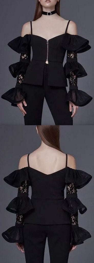 Black Cold-Shoulder Ruffle Tiered Lace-Sleeve Top