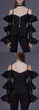 Black Cold-Shoulder Ruffle Tiered Lace-Sleeve Top