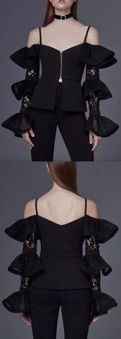 Black Cold-Shoulder Ruffle Tiered Lace-Sleeve Top
