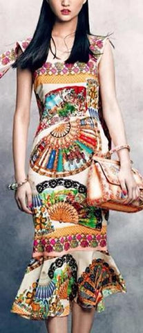 Fan-Print Trumpet Dress - DESIGNER INSPIRED FASHIONS