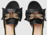 Leather Slide with Bow-Black