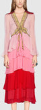 Embroidered Sequined Layered Long Silk Dress - DESIGNER INSPIRED FASHIONS