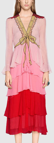Embroidered Sequined Layered Long Silk Dress - DESIGNER INSPIRED FASHIONS